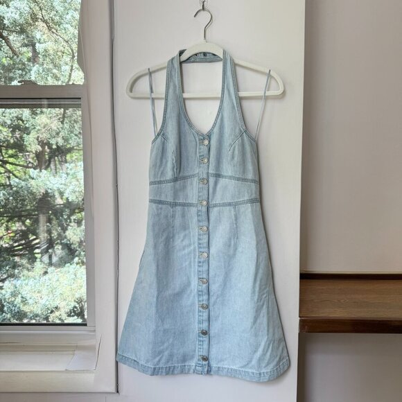 New Levis Janeesah Denim Jean Halter Short Mini Dress Button Light Wash Blue - Picture 3 of 13